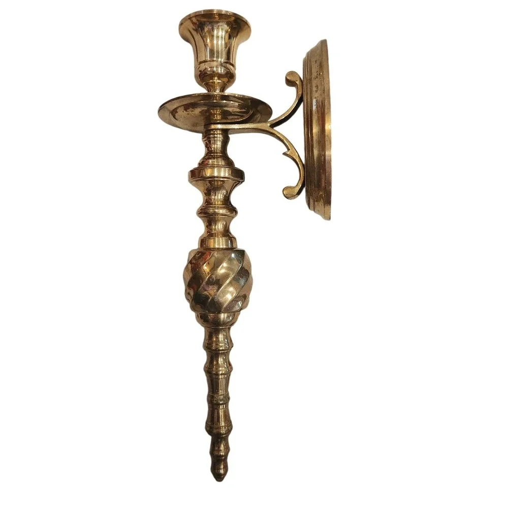 Vintage Solid Brass Wall Sconces Pair Made in India Twisted Spindle Taper Holder
